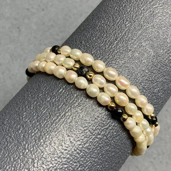 Memory Wire Wrap Bracelet Faux Pearl Black Gold Beaded Organic Elegant Chic Prom - Picture 1 of 3